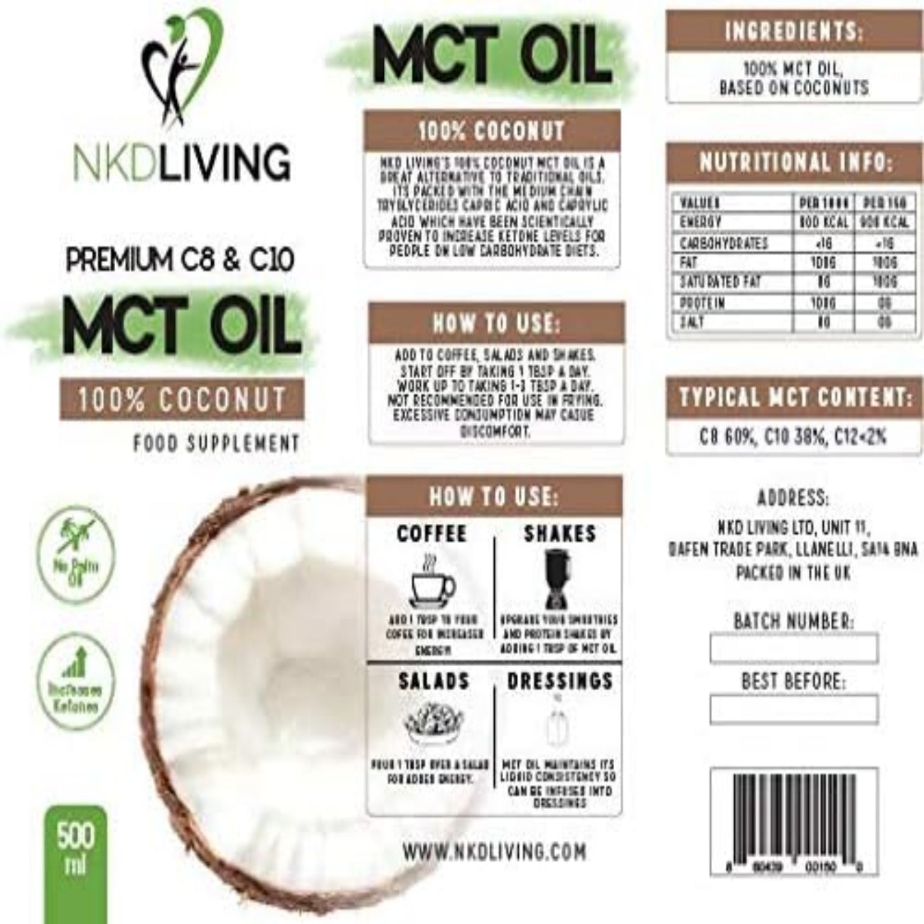 100% Coconut MCT Oil 500ml - Nkd Living - Food supplement - Nkd Living
