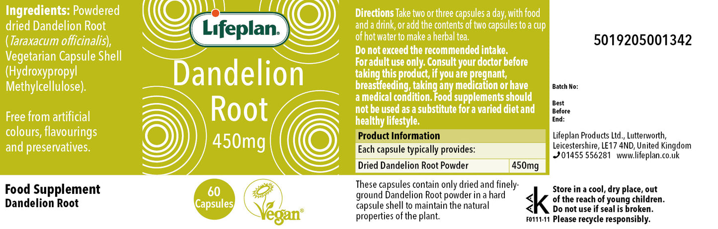 Dandelion Root 450mg 60 Capsules - Lifeplan (alternate pack shot)