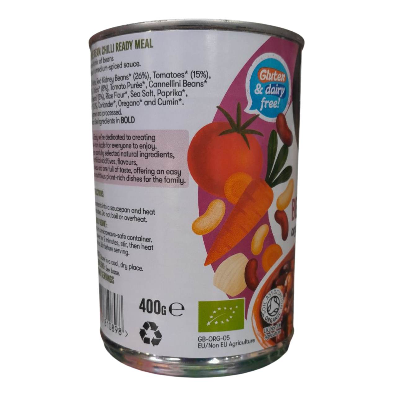 Free & Easy Organic Three Bean Chilli 400g side packaging