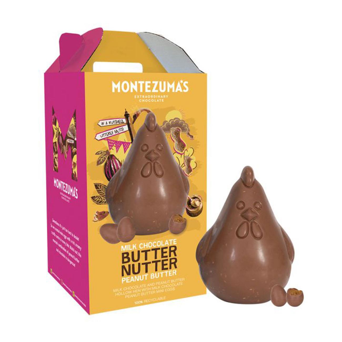 Montezuma's chocolate Peanut Butter Milk Chocolate Hen Easter 300g front packaging with the actual product