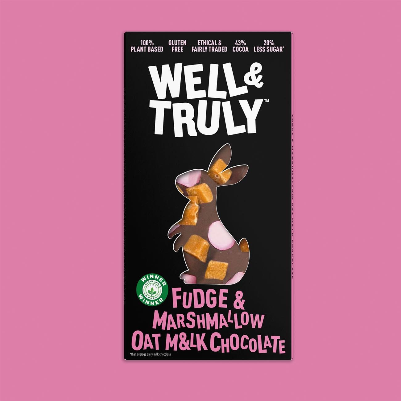 Well & Truly Fudge and Marshmallow Easter Oat M&lk Chocolate 90g front packaging with pink background