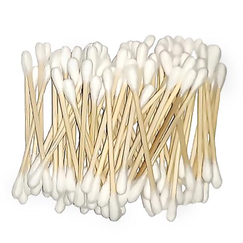 Close-up of biodegradable bamboo cotton buds – soft cotton tips with smooth bamboo sticks, plastic-free and compostable.