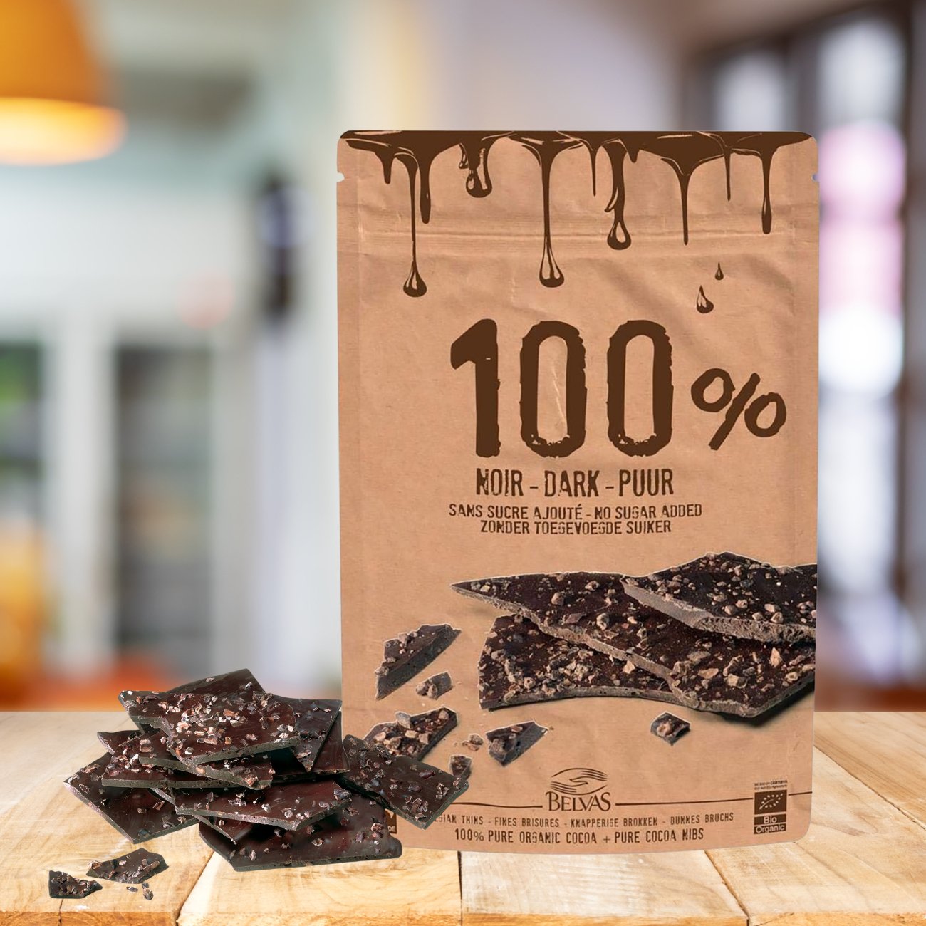 Belgian Thins Dark Chocolate 100% Pure Cacao Nibs 80g - Belvas - Food - Eco Natural Products