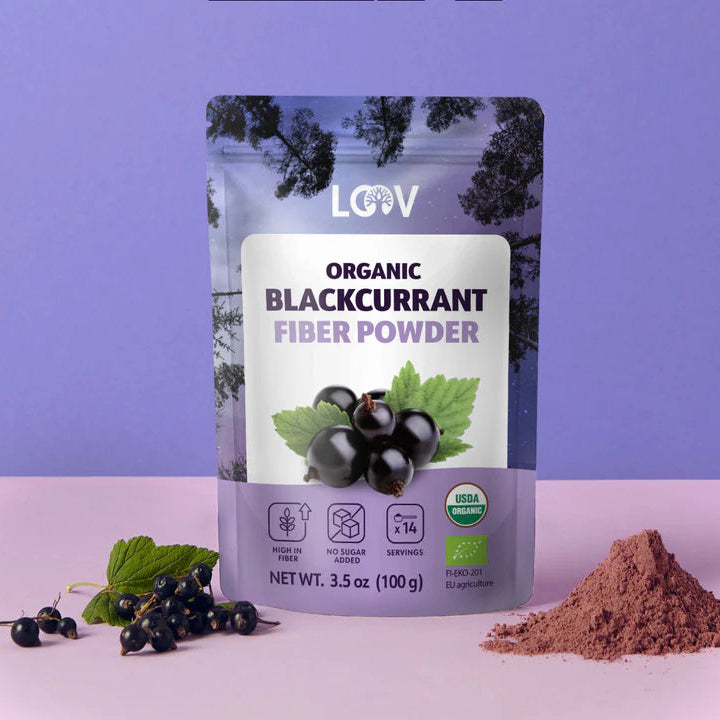Loov Organic Wild Blackcurrant High Fiber Powder 100g — freeze-dried organic blackcurrant lifestyle image