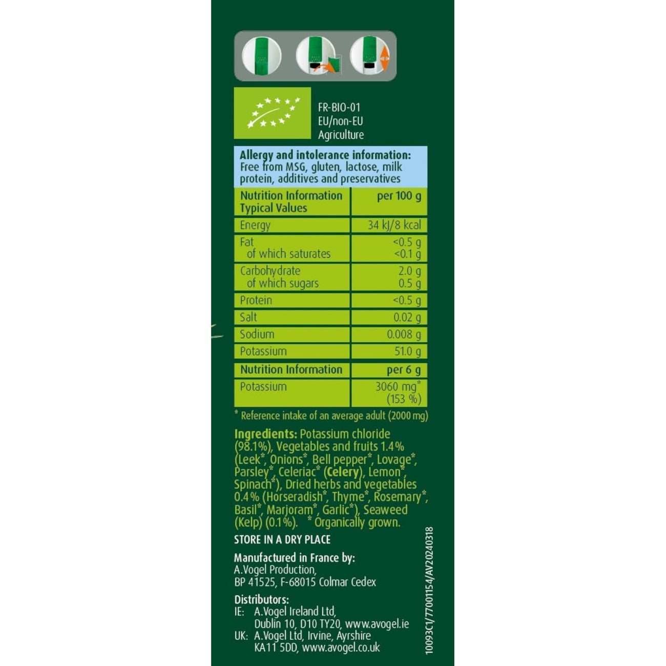 Organic Herbamare Herb Low Salt 125g – nutrition information and ingredients panel