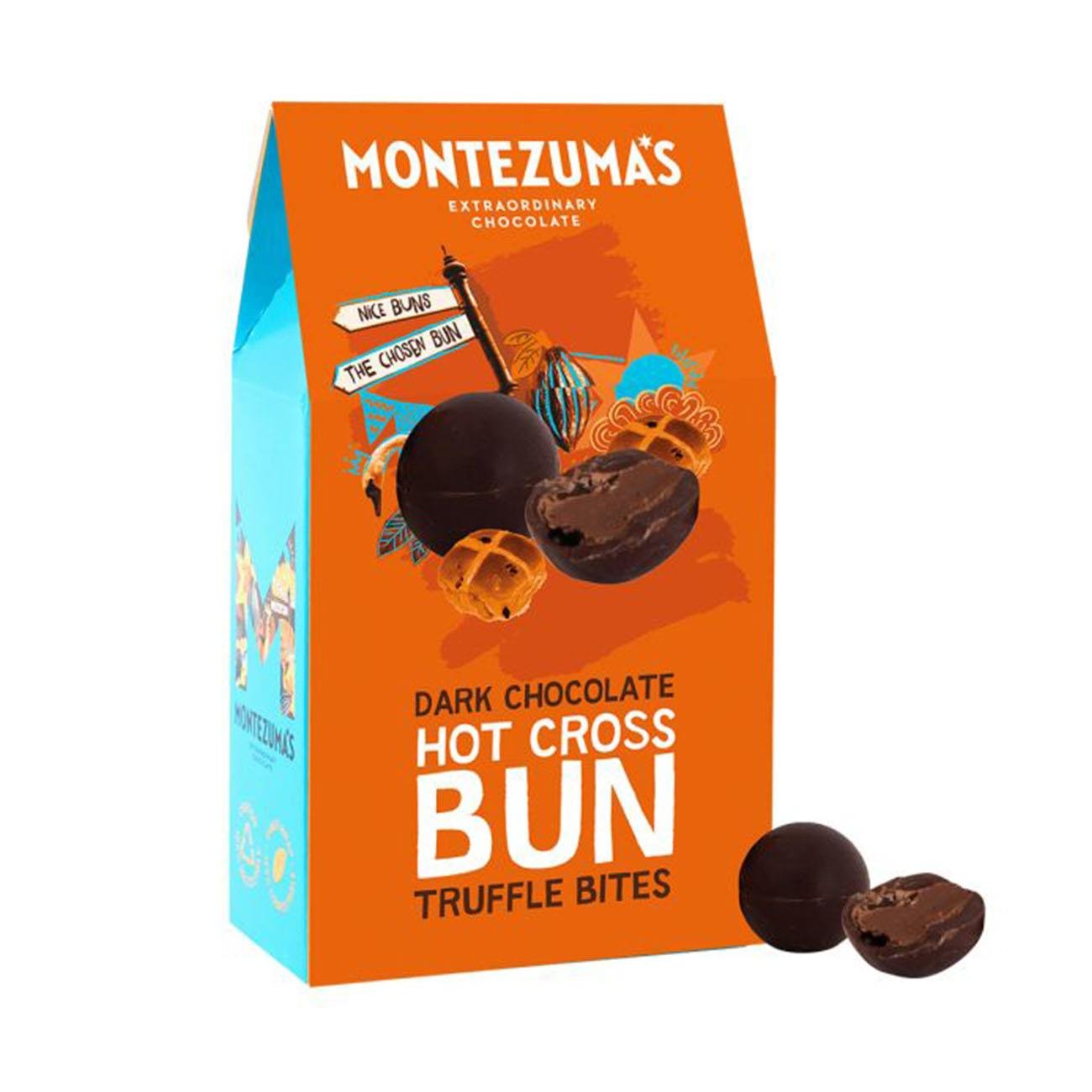 Montezumas chocolate Dark Chocolate Hot Cross Bun Truffle Bites Easter 120g front packaging with the actual product