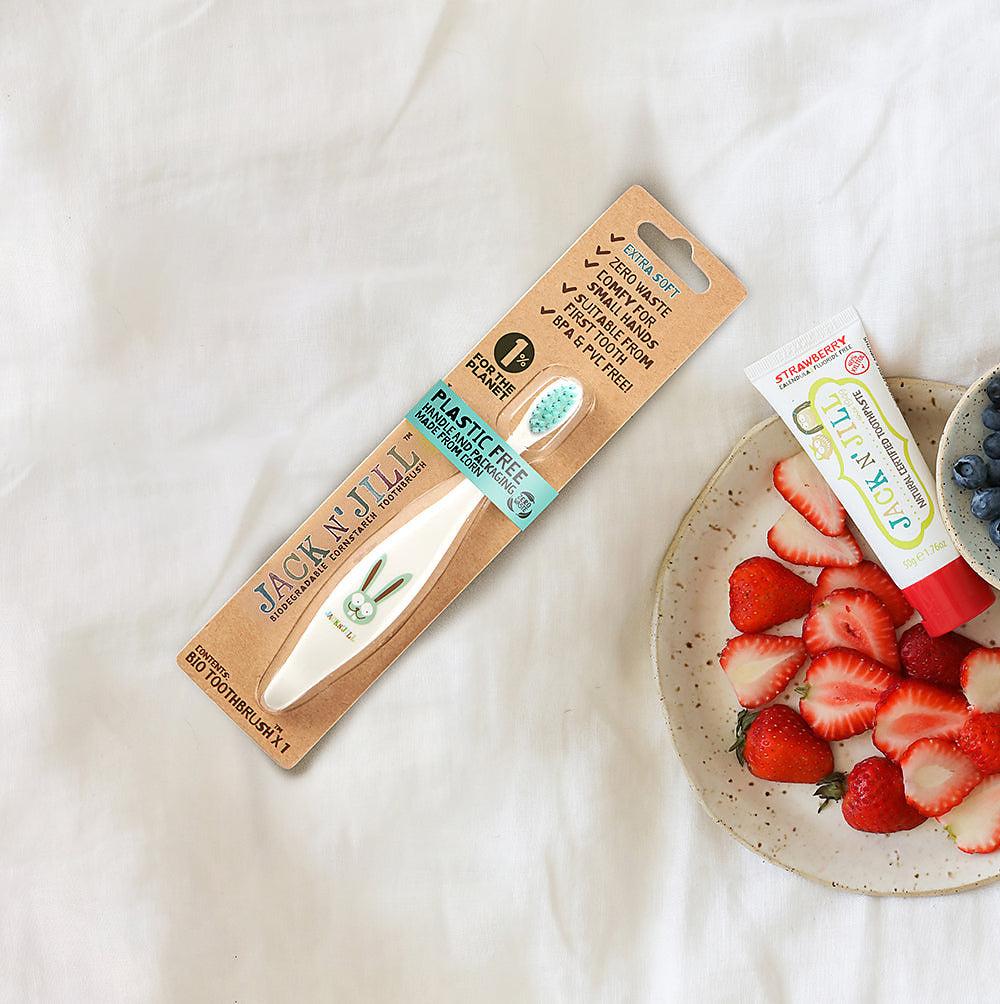 Jack N' Jill Bunny toothbrush and kids toothpaste with strawberries