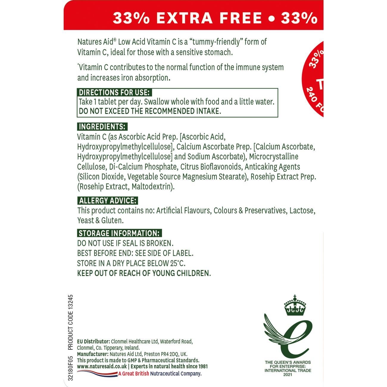 Natures Aid Vitamin C 1000mg 240 Tablets with Rosehips and Citrus Bioflavonoids - Natures Aid - Food Supplement - Natures Aid