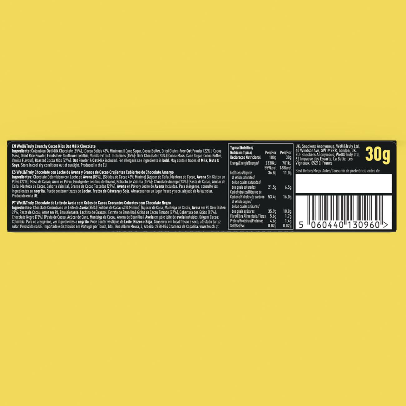 Well & Trlly Oat M&lk Chocolate Crunchy Mini Eggs Easter 30g back packaging