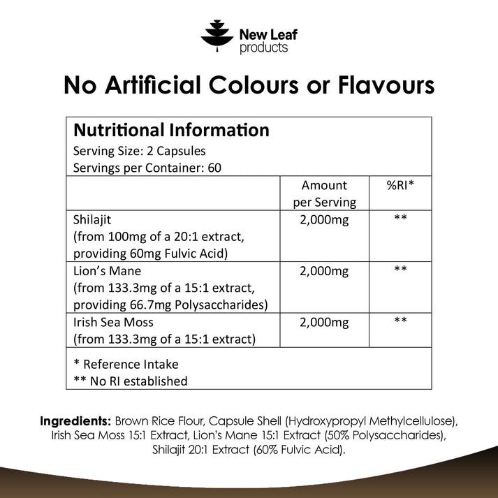 Shilajit Sea Moss & Lions Mane 6000mg Vegan 120 Capsules - New Leaf Products - Herbal Supplements - Eco Natural Products