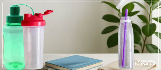 Reusable plastic water bottles on a desk