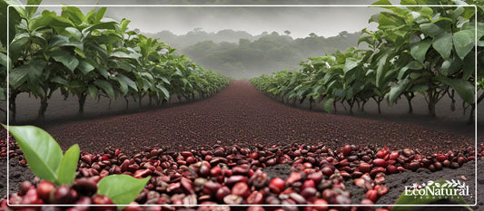 Coffee cherries drying between rows of green coffee plants