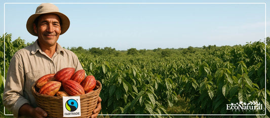 Farmer holding a basket of cocoa pods with a Fairtrade label