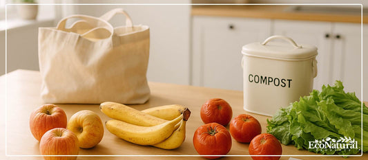 Fresh produce, cloth bag and a kitchen compost bin