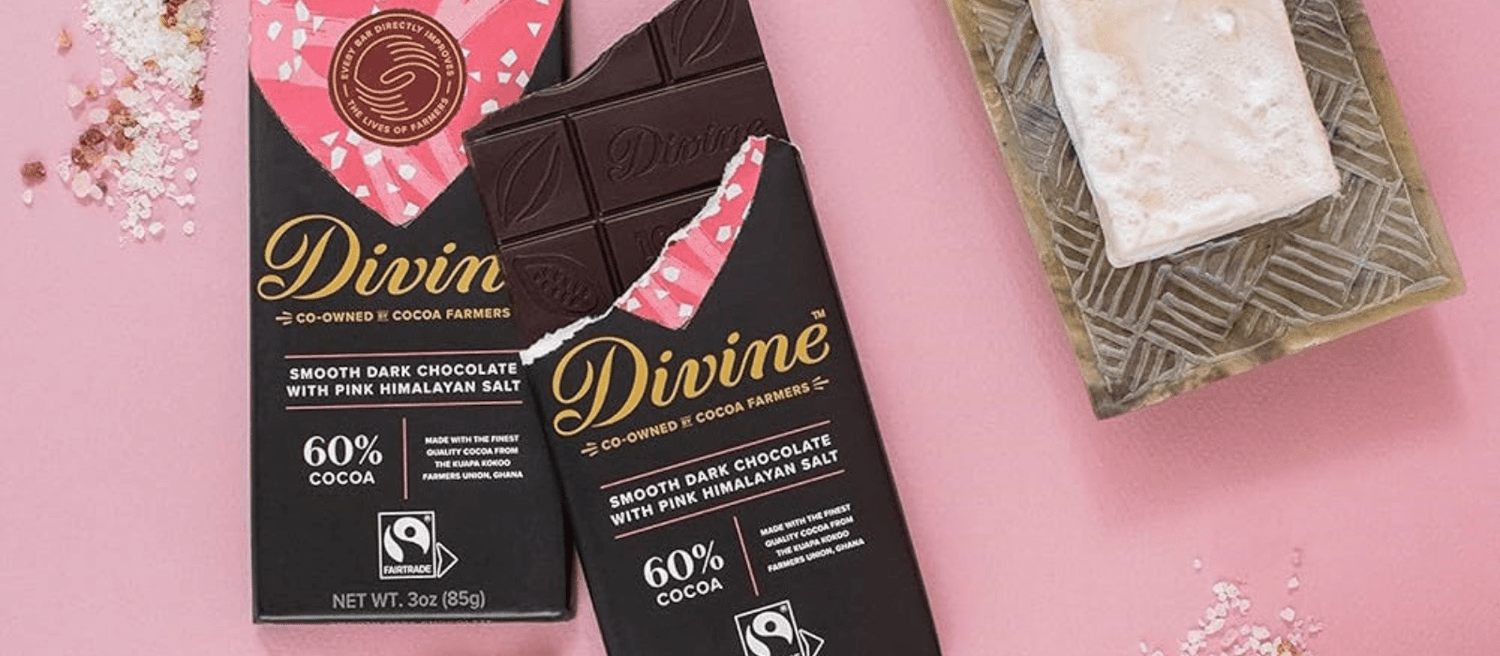 Divine Fairtrade chocolate bars on pink background – 60% and 70% dark chocolate with mint, by Eco Natural Products. Ethical and palm-oil-free.