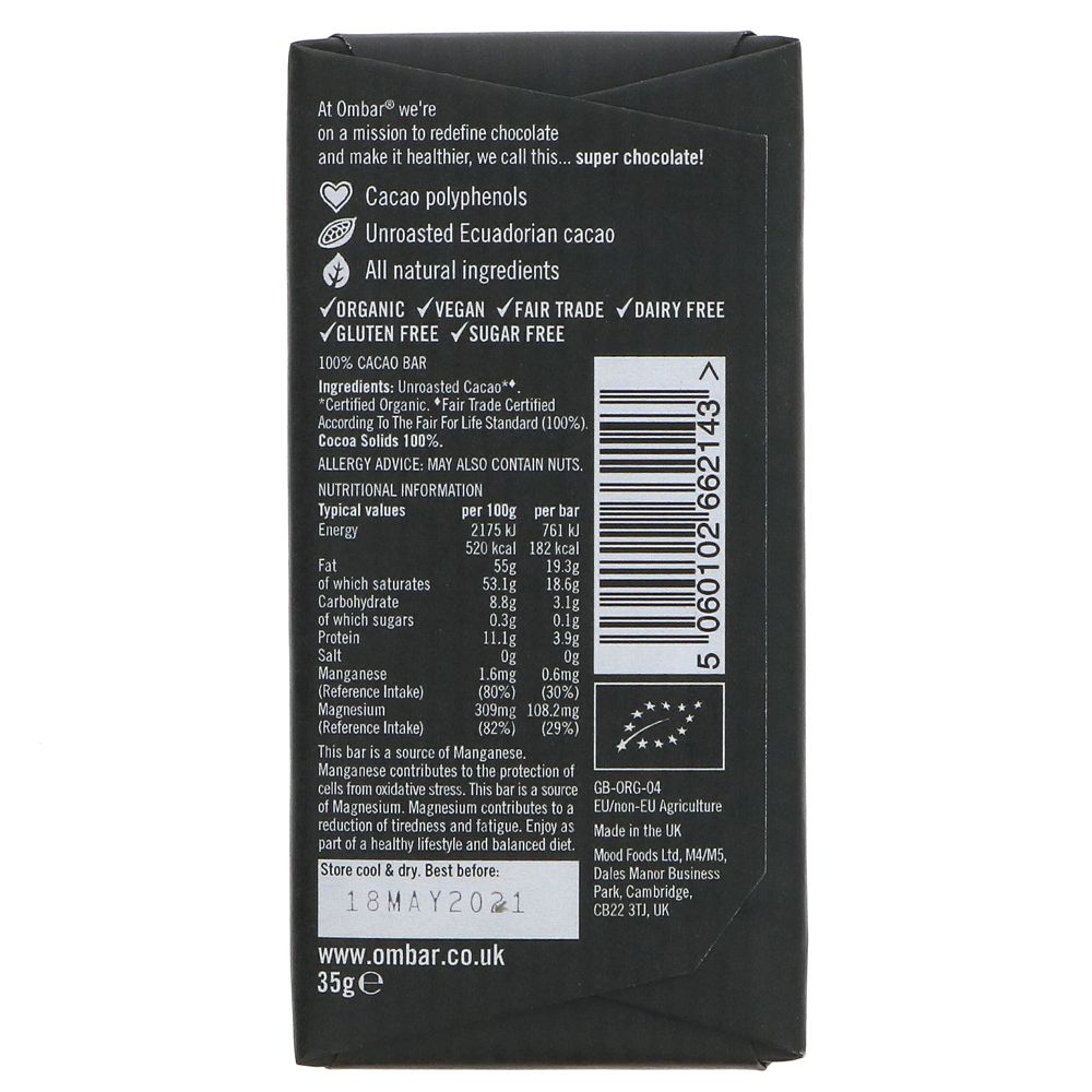 100% Cacao Chocolate Bar 35g - Ombar - Chocolate Bar - Eco Natural Products