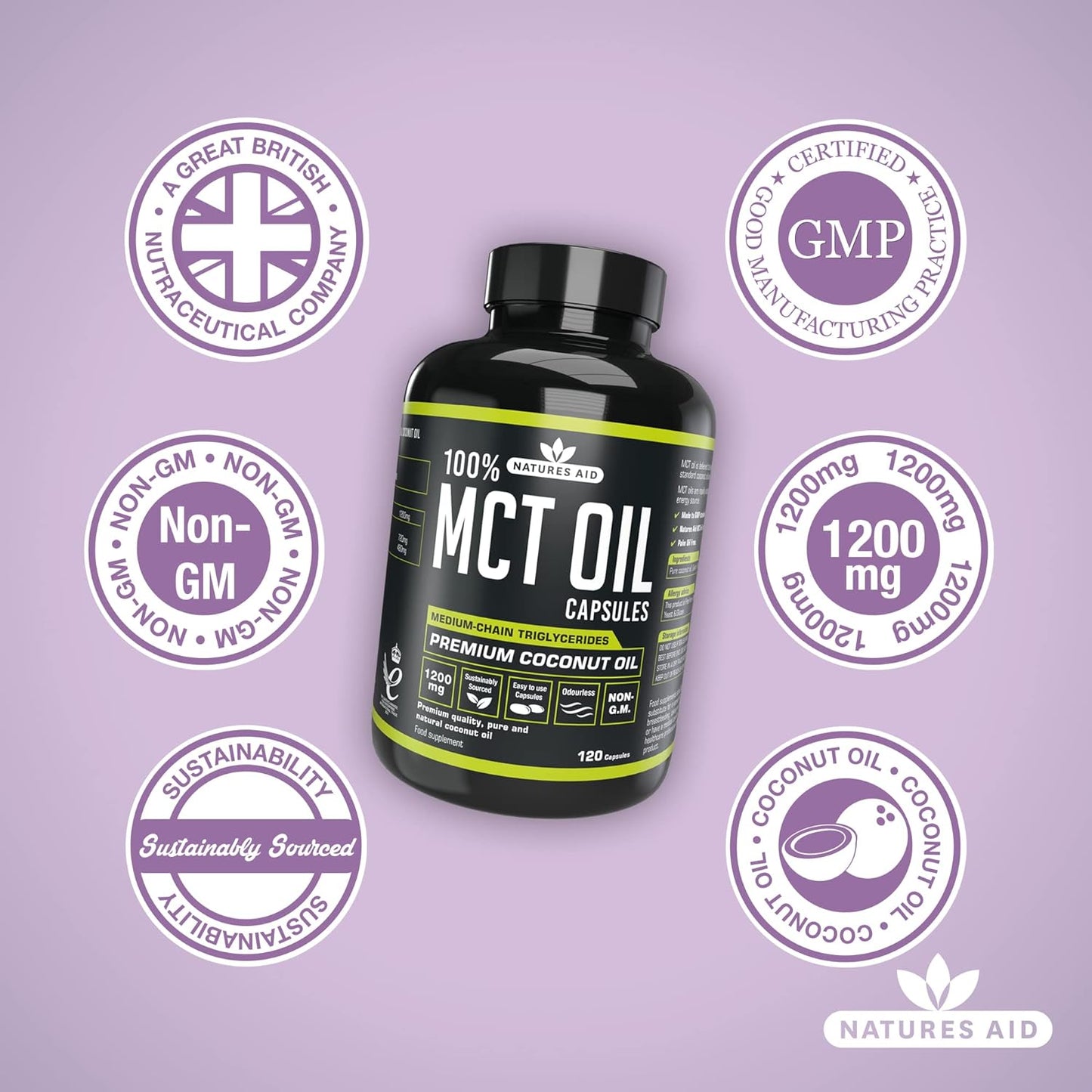 100% MCT Oil Capsules 120 Capsules - Natures Aid - Vitamins & Supplements - Eco Natural Products