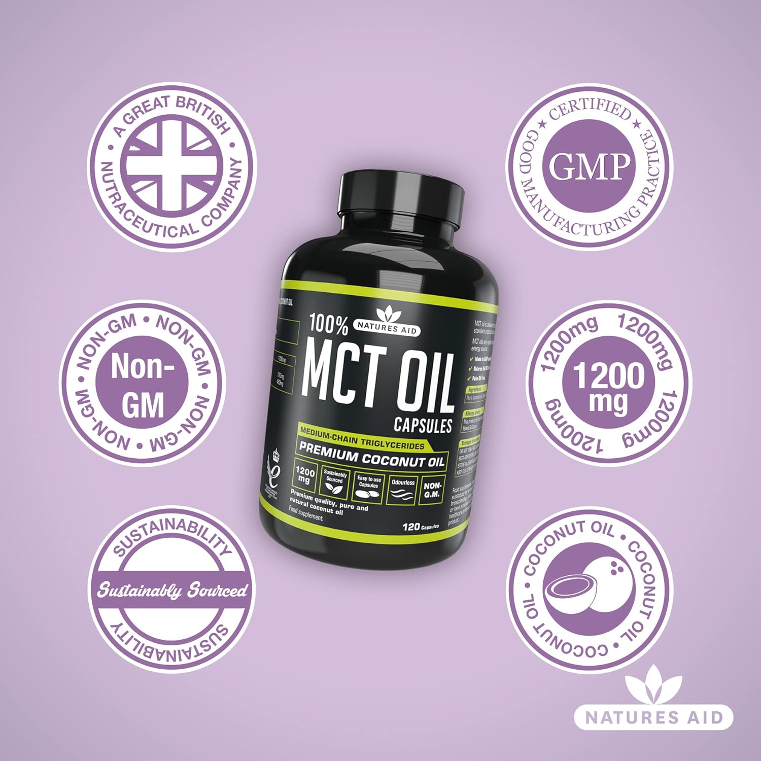 100% MCT Oil Capsules 120 Capsules - Natures Aid - Vitamins & Supplements - Eco Natural Products