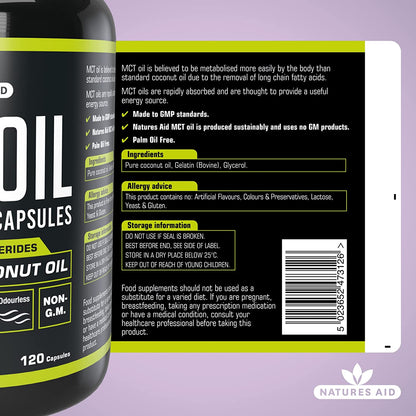 100% MCT Oil Capsules 120 Capsules - Natures Aid - Vitamins & Supplements - Eco Natural Products
