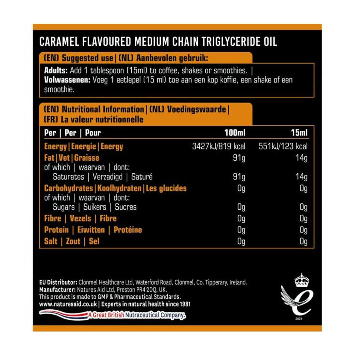 100% MCT Oil Caramel 500ml bottle - Natures Aid