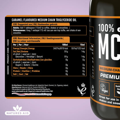 100% MCT Oil Caramel 500ml - Natures Aid - Food Supplements - Eco Natural Products
