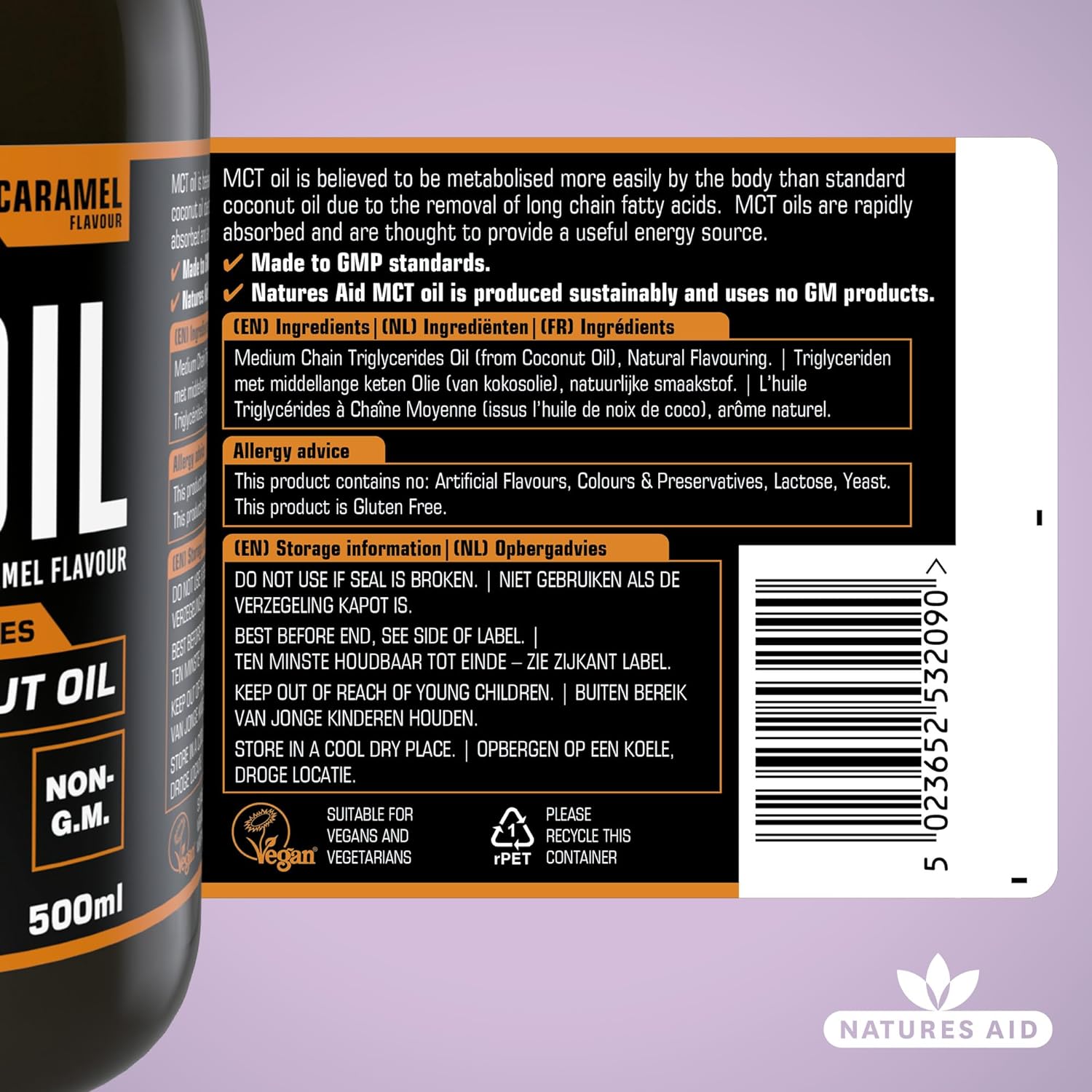 100% MCT Oil Caramel 500ml - Natures Aid - Food Supplements - Eco Natural Products