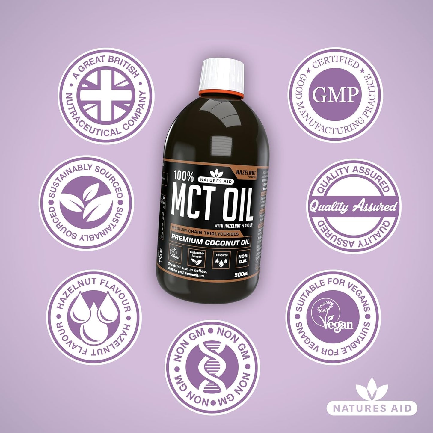 100% MCT Oil Hazelnut 500ml - Natures Aid - Food Supplements - Eco Natural Products