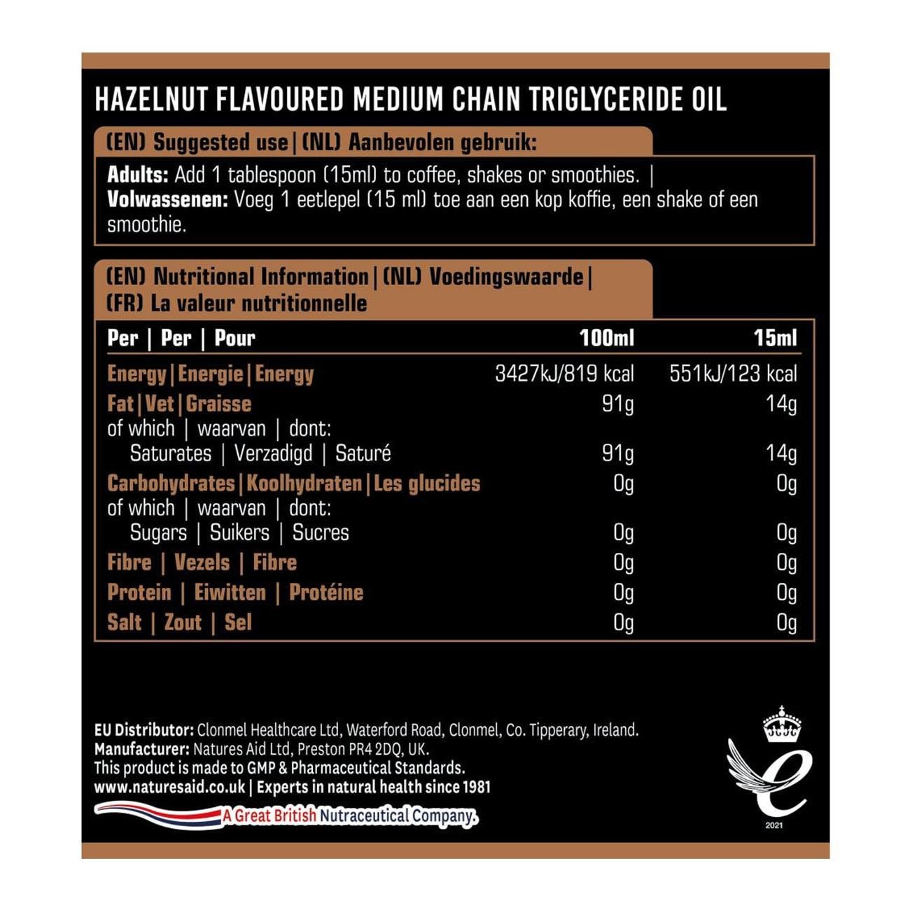 100% MCT Oil Hazelnut 500ml - Natures Aid - Food Supplements - Natures Aid