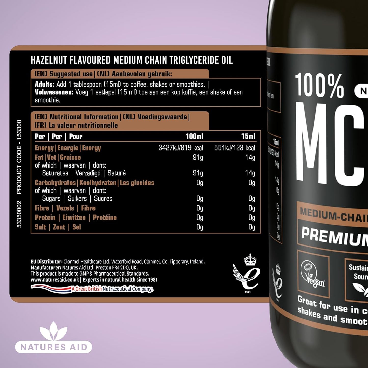 100% MCT Oil Hazelnut 500ml - Natures Aid - Food Supplements - Eco Natural Products