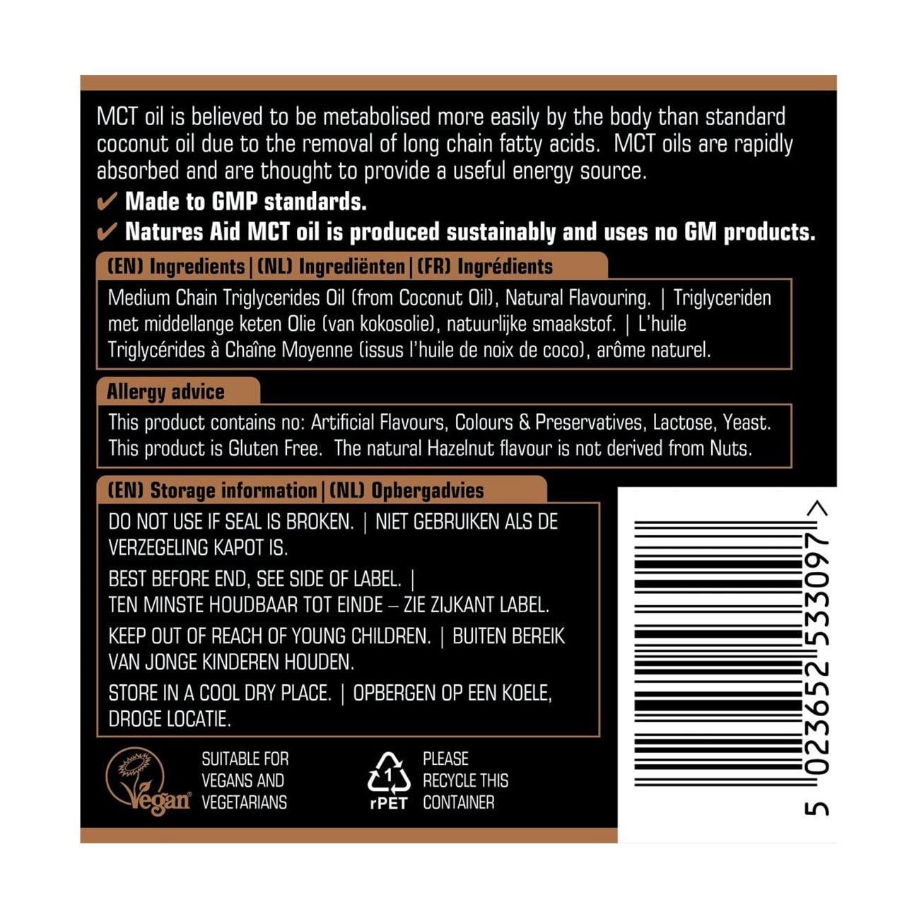 100% MCT Oil Hazelnut 500ml - Natures Aid - Food Supplements - Natures Aid