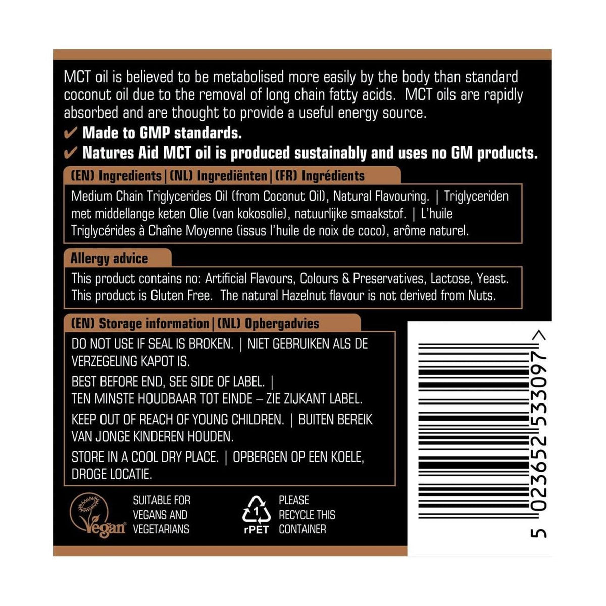 100% MCT Oil Hazelnut 500ml bottle - Natures Aid
