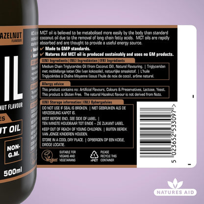 100% MCT Oil Hazelnut 500ml - Natures Aid - Food Supplements - Eco Natural Products
