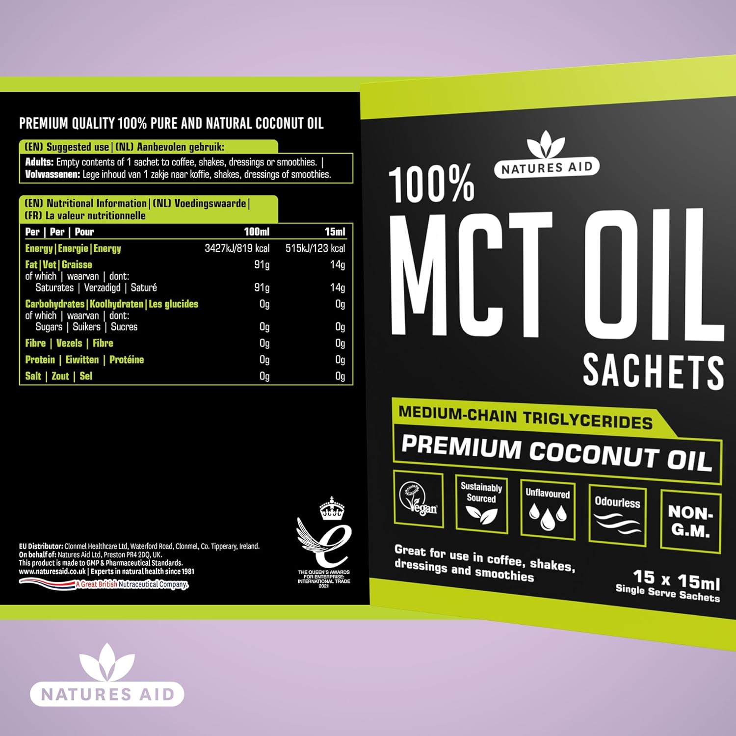 100% MCT Oil Sachets 15 X 15ml - Natures Aid - Food Supplements - Eco Natural Products