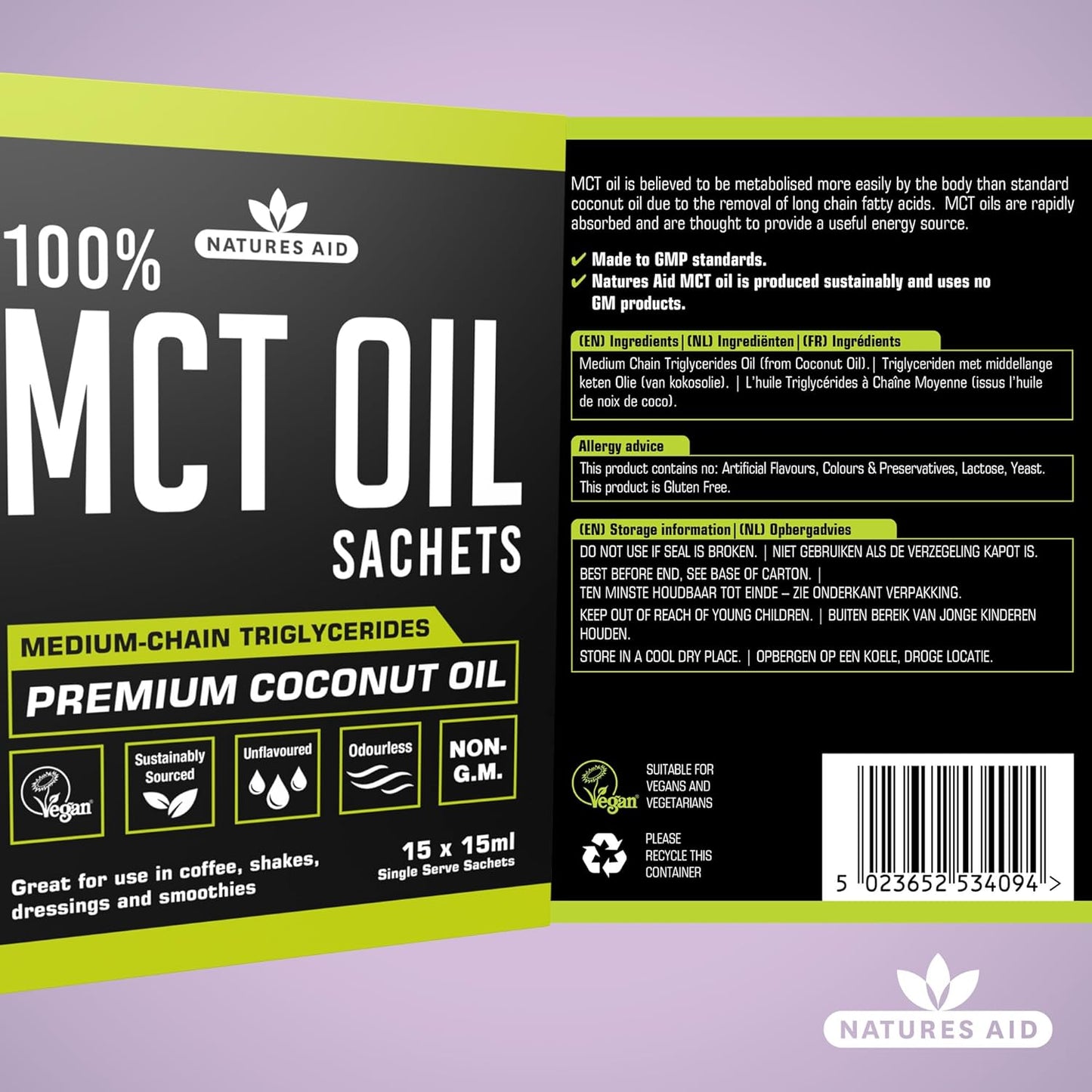 100% MCT Oil Sachets 15 X 15ml - Natures Aid - Food Supplements - Eco Natural Products