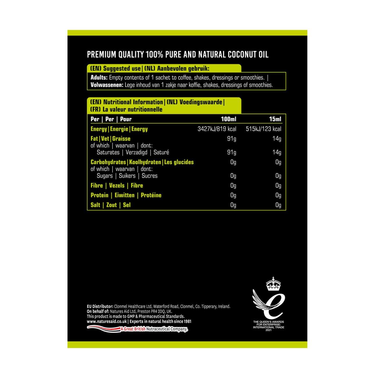 100% MCT Oil Sachets 15 X 15ml - Natures Aid - Food Supplements - Natures Aid