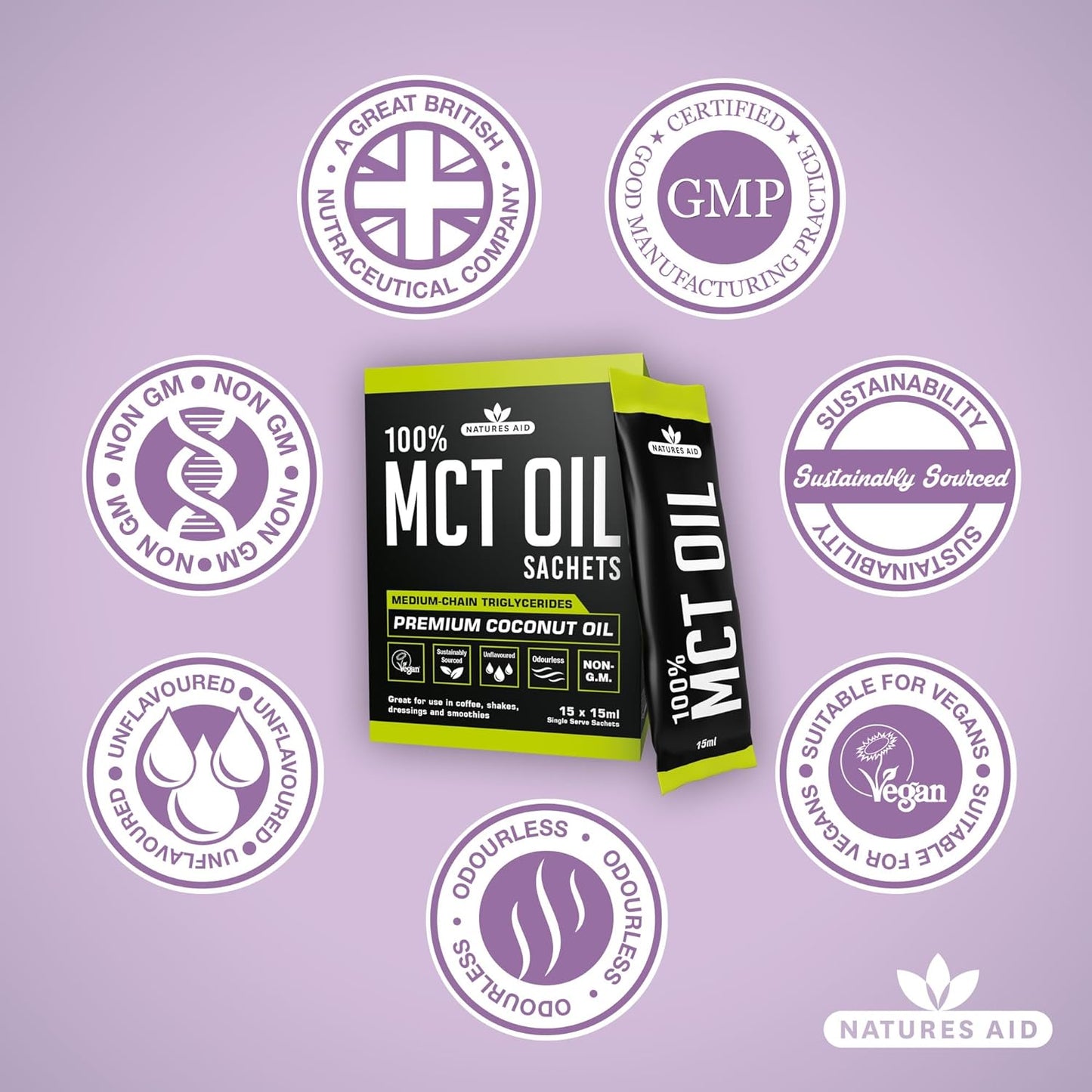 100% MCT Oil Sachets 15 X 15ml - Natures Aid - Food Supplements - Eco Natural Products
