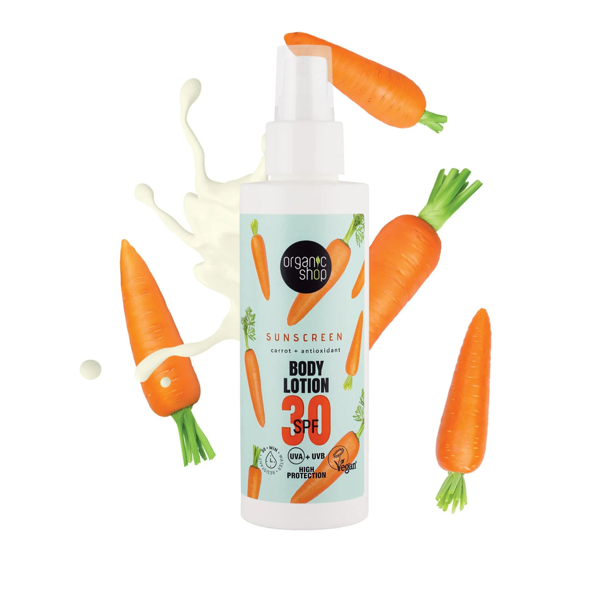Organic Shop Sunscreen Body Lotion SPF 30 150ml with splash of lotion at the back