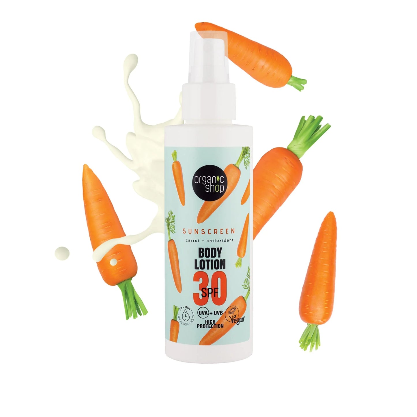 Organic Shop Sunscreen Body Lotion SPF 30 150ml with splash of lotion at the back