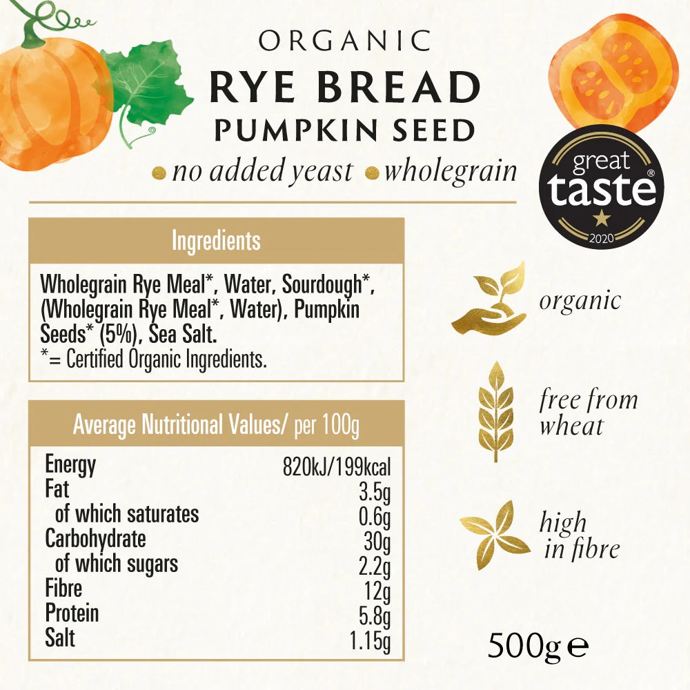 Organic Pumpkin Seed Rye Bread 500g