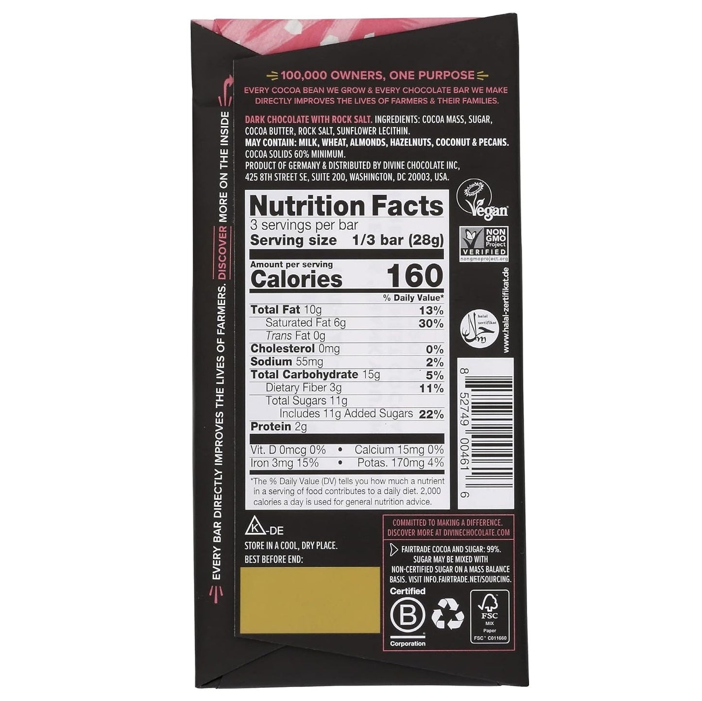 60% Dark Chocolate Pink Himalayan Salt Chocolate Bar 90g - Divine Chocolate - Chocolate - Eco Natural Products