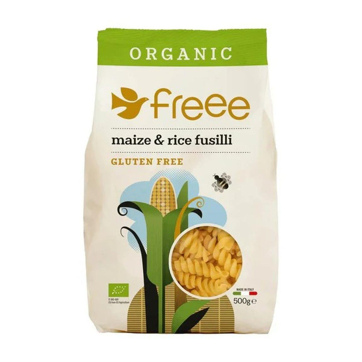 Organic Maize and Rice Fusilli Gluten Free Pasta 500g Taped Split To Top Of Packaging.