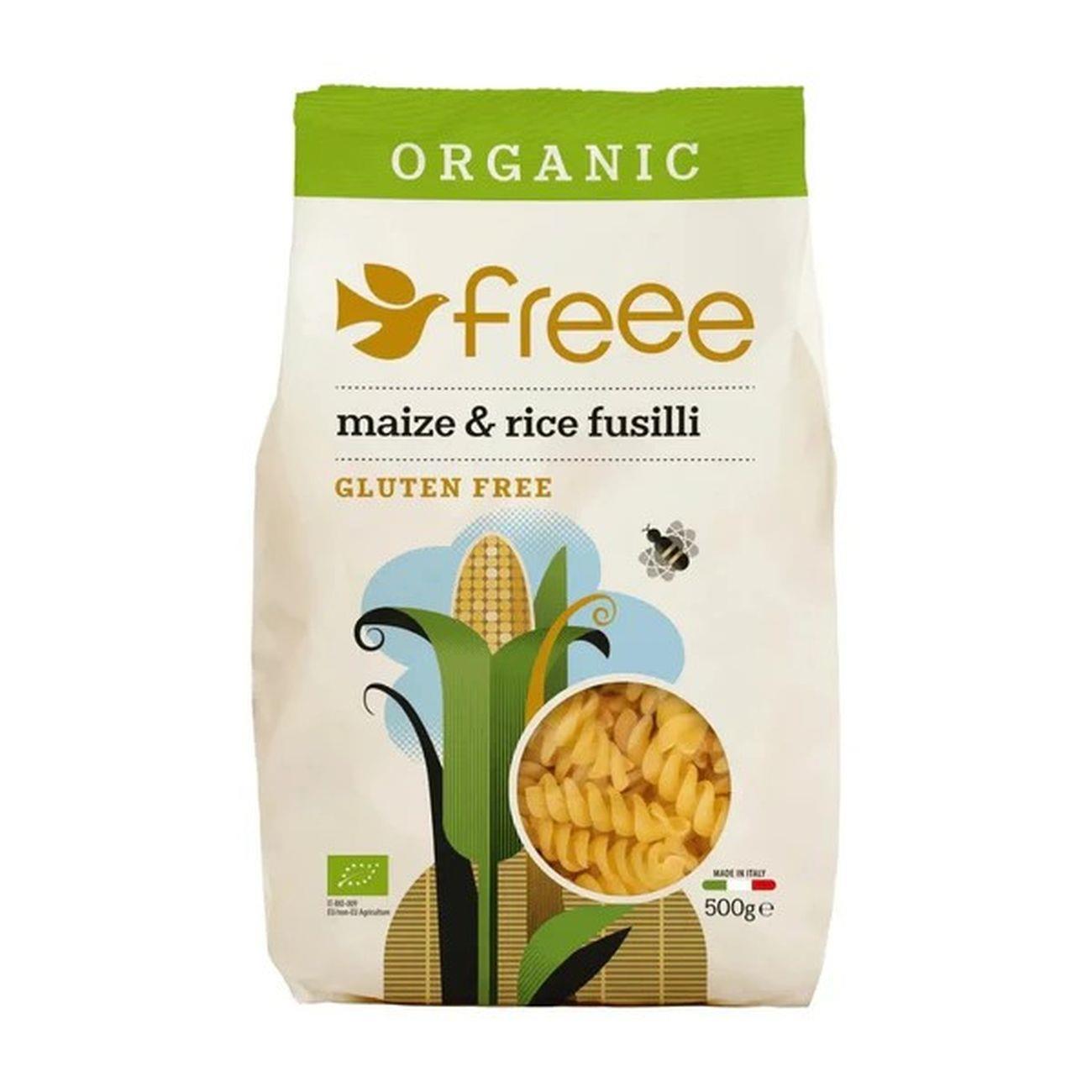 Organic Maize and Rice Fusilli Gluten Free Pasta 500g Taped Split To Top Of Packaging.