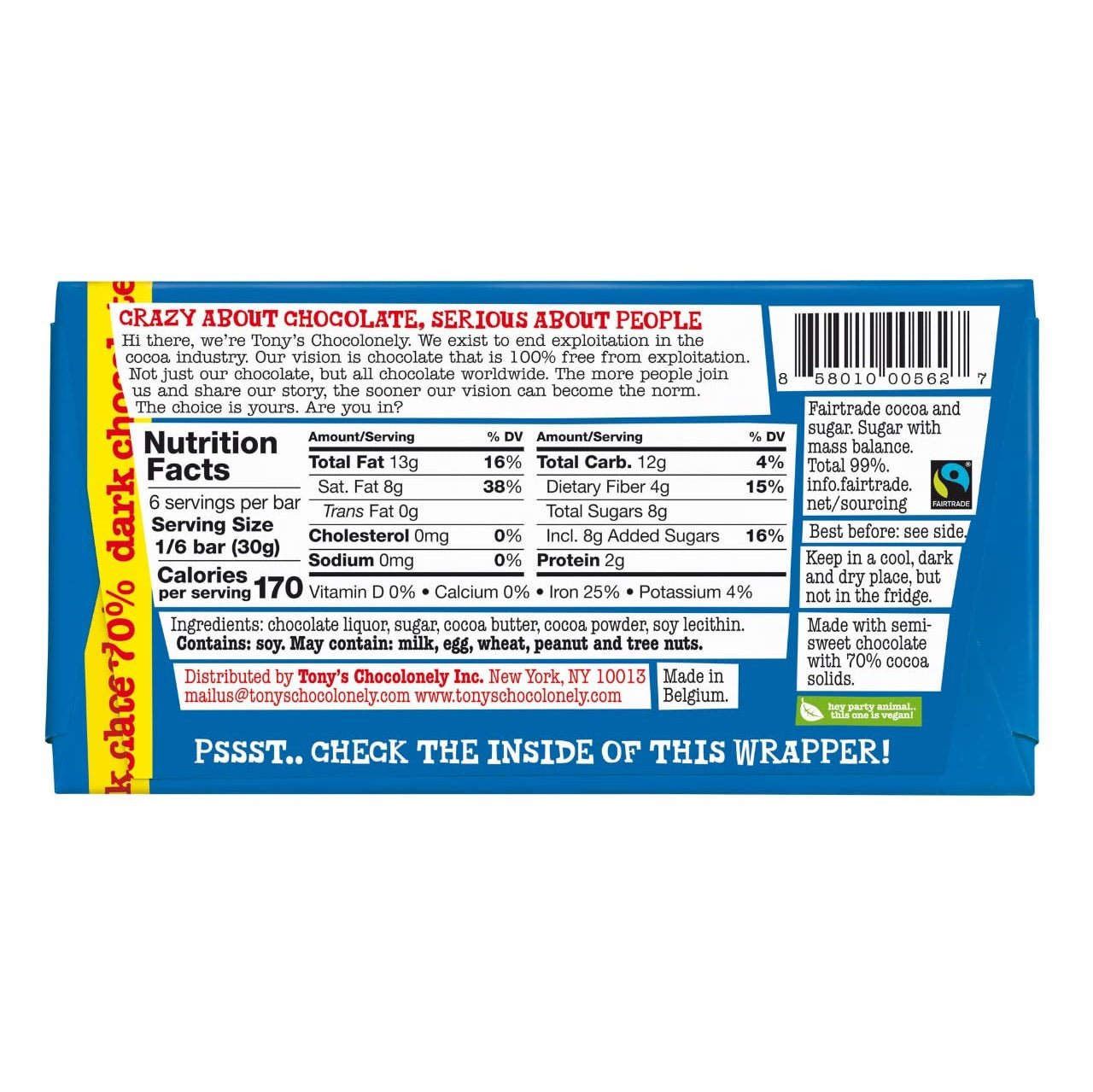 70% Dark Chocolate Bar 180g - Tony's Chocolonely - Chocolate - Eco Natural Products