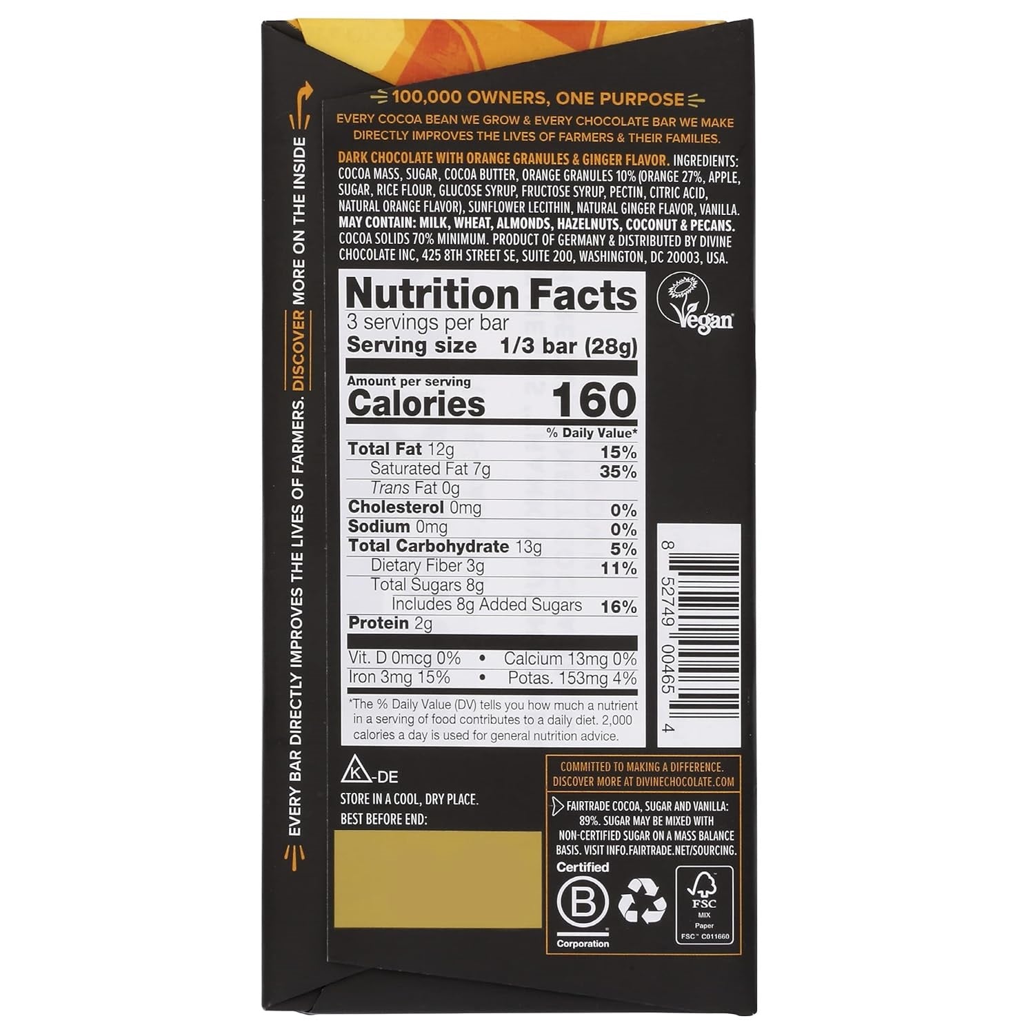 70% Dark Chocolate Ginger & Orange Bar 90g - Divine Chocolate - Chocolate - Eco Natural Products