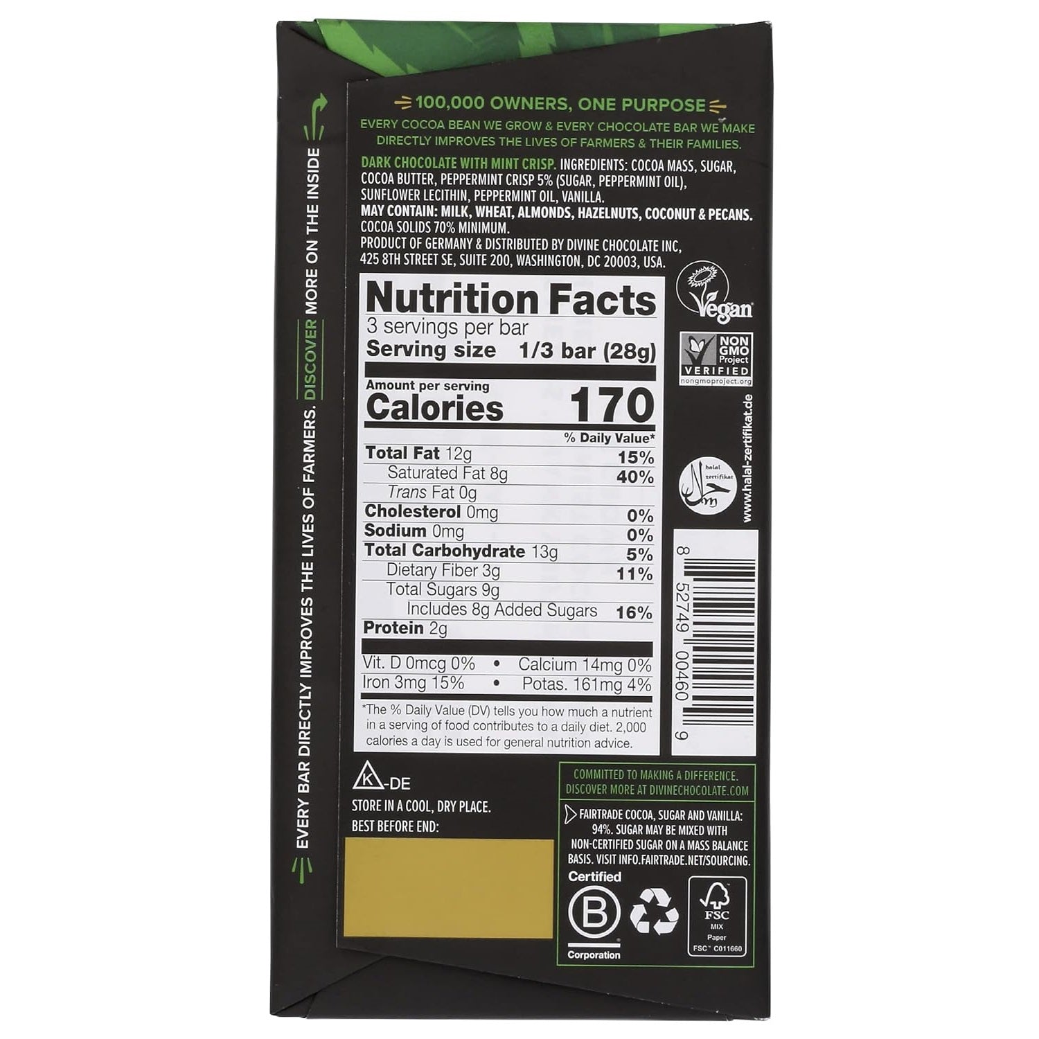 70% Dark Chocolate Mint Crisp Bar 90g - Divine Chocolate - Chocolate - Eco Natural Products