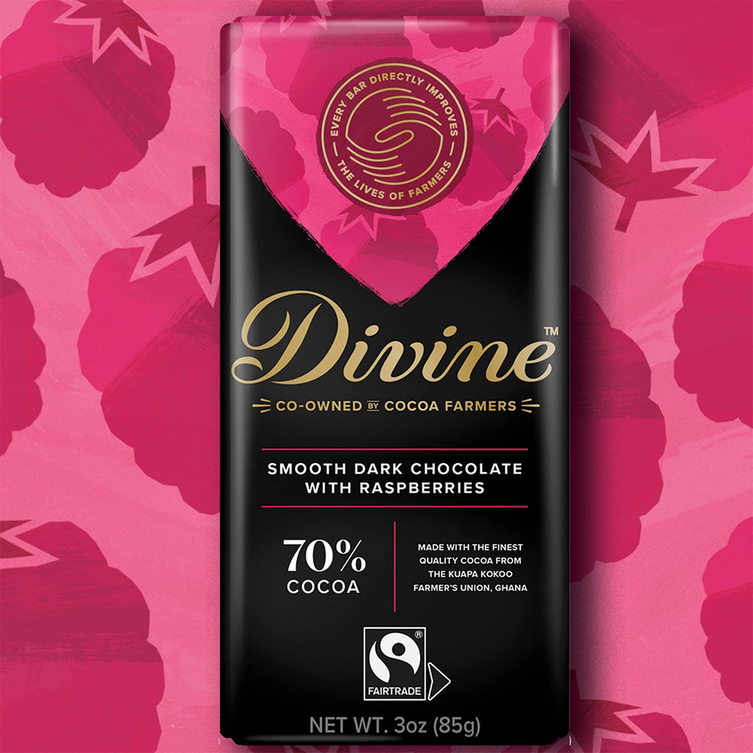 70% Dark Chocolate with Raspberries Bar 90g - Eco Natural Products - Divine Chocolate - Chocolate