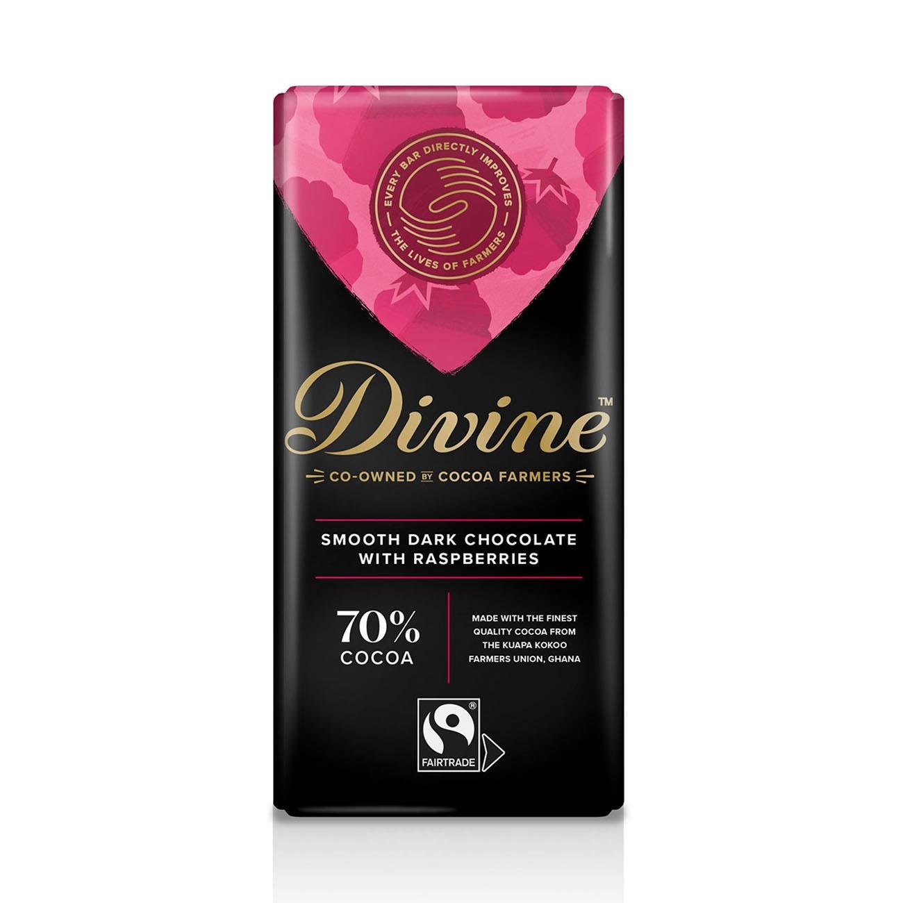 70% Dark Chocolate with Raspberries Bar 90g - Eco Natural Products - Divine Chocolate - Chocolate