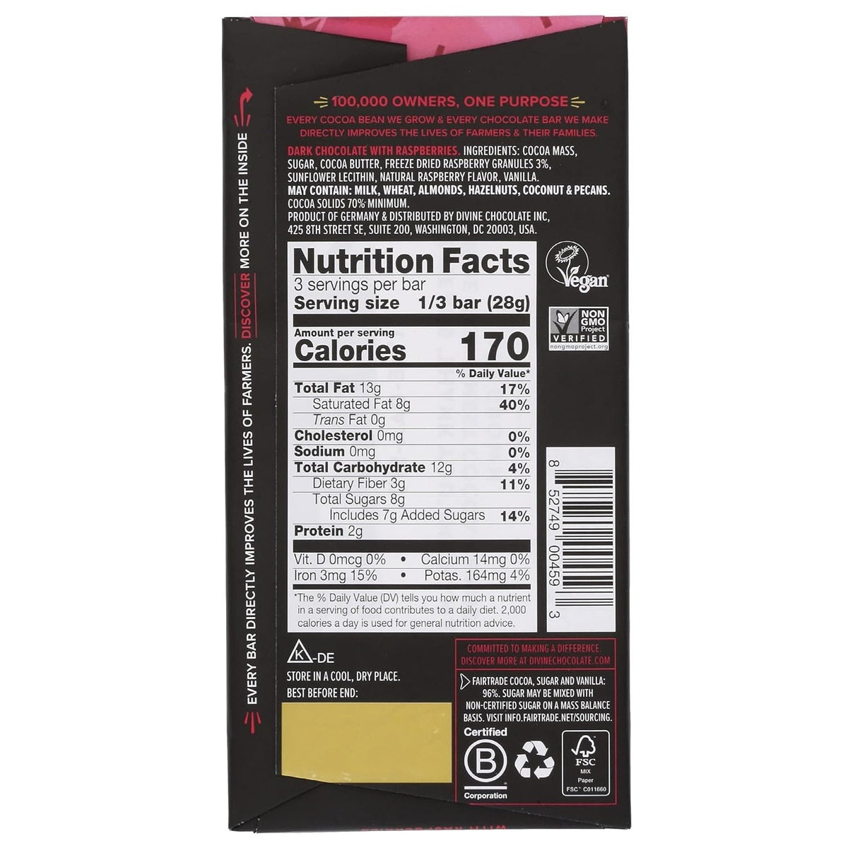 70% Dark Chocolate with Raspberries Bar 90g - Divine Chocolate - Chocolate - Eco Natural Products