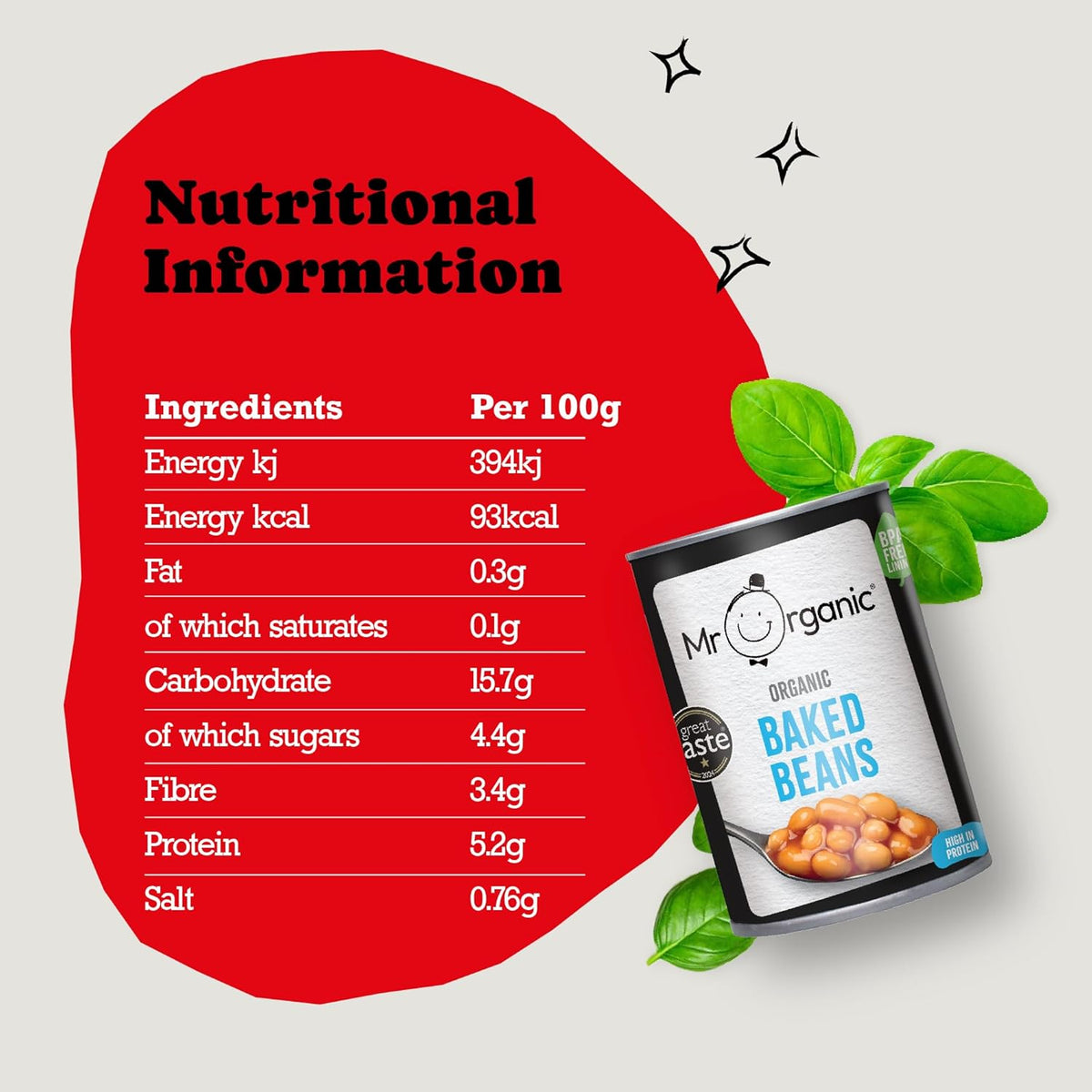 Mr Organic Baked Beans Tin 400g nutritional information