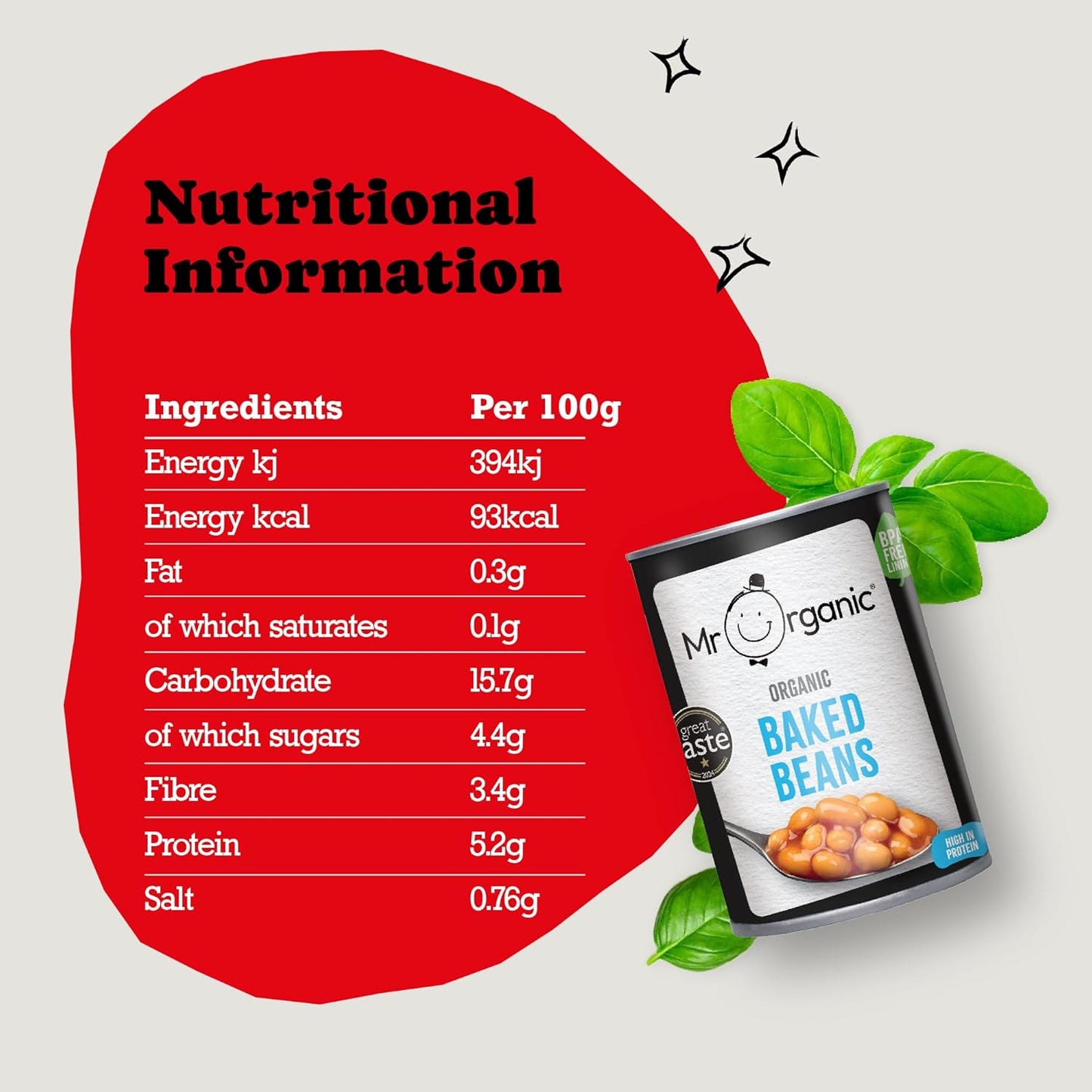 Mr Organic Baked Beans Tin 400g nutritional information